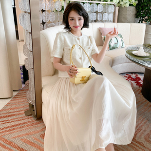 MIUCO法式小香亮片短袖衬衫圆领上衣+鎏金百褶长款半裙套装
