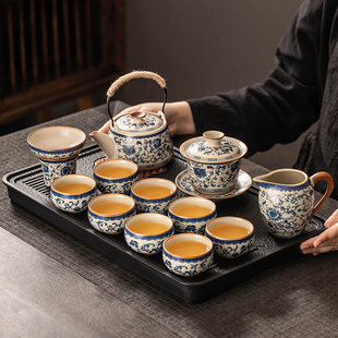 青花黄汝窑茶具套装家用轻奢高档陶瓷泡，茶壶功夫茶杯整套2024