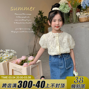 mini旦女童装短袖衬衫夏季韩版名媛，风气质泡泡袖蕾丝上衣
