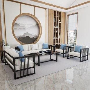 新中式铁艺沙发轻奢组合现代简约布艺实木茶几办公室会客洽谈桌椅