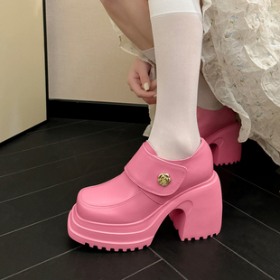 10cm厚底粗跟高跟鞋，春季真皮方头单鞋糖果，色可爱粉色小个子鞋