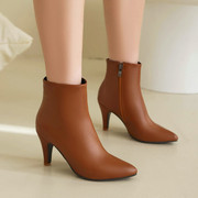 小皮靴白色红色棕色靴子，婚鞋细跟短靴高跟女靴，秋冬短筒大码鞋jyx