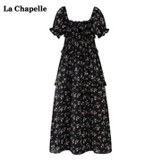 拉夏贝尔lachapelle夏季黑色，碎花连衣裙女方，领泡泡袖a字中长裙