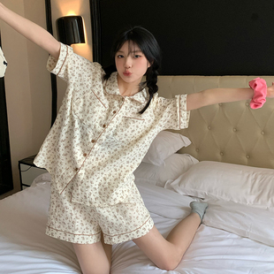 夏天ins网红小碎花短袖短裤睡衣女夏季纯棉绸甜美家居服套装