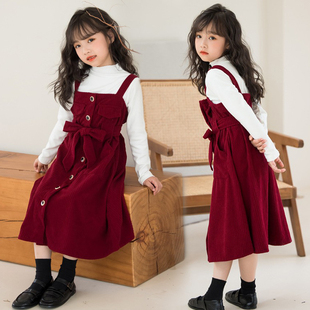 女童连衣裙春秋2023韩版两件套灯芯绒背带，裙中大儿童套装裙子