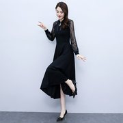 黑色长款连衣裙女2023年春秋设计感气质修身显瘦长袖碎花裙子