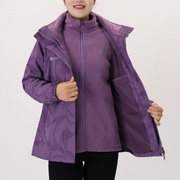 时尚印花妈妈装秋冬外套女士中老年大码冲锋衣，两件套加厚绒保暖紫