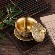 高档创意茶具龙凤呈祥茶碗三件套中式茶杯供水碗铜工艺品黄铜