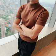 男士半高领针织衫男短袖毛衣春秋季韩版潮流修身个性纯色半袖T恤