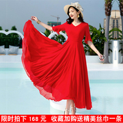 2023夏季沙滩长裙，红色雪纺连衣裙，女长款大摆显瘦超长裙子仙黑