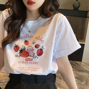 韩版甜美夏季纯棉短袖T恤女百搭宽松减龄圆领大码显瘦上衣