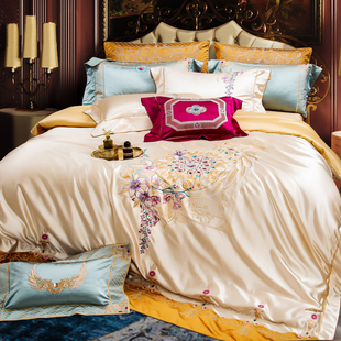 奢华欧式四件套贡缎真丝棉高档刺绣别墅床盖床上用品十件套高级感