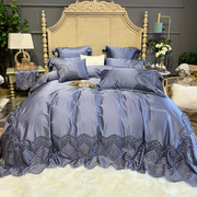贡缎四件套法式蕾丝，床上用品灰紫色，床盖八件套精密丝棉
