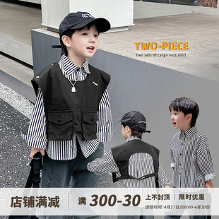 韩国童装2023秋装黑白条纹儿童衬衣马甲两件套男童长袖衬衫套装潮