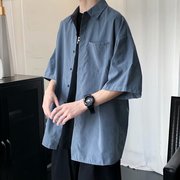 衬衫男韩版潮流夏季大码纯色，短袖衬衣服2023薄款百搭宽松半袖外套