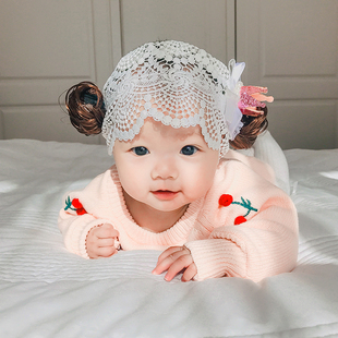 宝宝蕾丝发带超萌可爱婴儿发饰女 周岁头饰假发带公主红色蕾丝帽