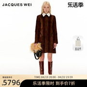 JACQUES WEI棕色美拉德猾子毛领子拼接大衣皮草