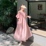 Lecea Alice挂脖连衣裙女2023夏季粉色泡泡袖露肩宽松长裙