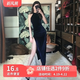 晚宴礼服女长款性感夜店晚礼服，夜场24挂脖开叉，名媛修身连衣裙