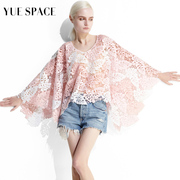 yuespace镂空蕾丝衫女士夏季罩衫，斗篷透视宽松套头圆领防晒两件套
