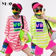 yhay2023年夏季玫粉黄条纹，字母数字方块，潮牌宽松休闲t恤