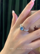 海蓝宝珍珠戒指女小众设计宝石食指戒时尚个性轻奢高级感指环尾戒