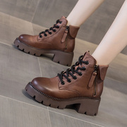 棕色马丁靴女款英伦风2023真皮厚底增高跟复古系带小皮鞋秋冬