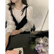 秒发!小性感韩国设计款白色圆领雪纺长袖，小衫+系带吊带两件套女