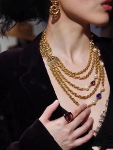 yuwelry欧美法产中古vintage多层流苏水晶珍珠复古项链