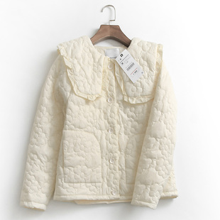 D516纯色绗线褶皱花边减龄娃娃领冬季单排扣长袖棉衣女装棉服