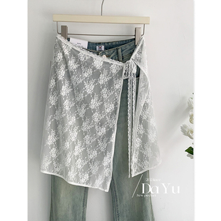 dayu原创设计韩版白色蕾丝，叠穿半身裙女百搭甜美系带屁帘围裙裙罩