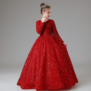 定制儿童晚礼服红色，高端公主裙长袖生日女童小主持人钢琴演出服装