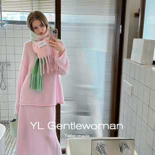 YL Gentlewoman慵懒宽松v领马海毛毛衣半裙套装秋冬粉色针织上衣