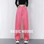 Basic House/百家好女士高腰显瘦个性设计直筒牛仔裤美式炸街裤子