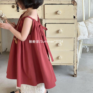 女童复古红色无袖吊带裙，夏季韩系童装女宝宝，棉布裙连衣裙洋气