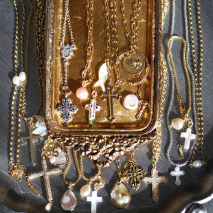 欧美国意大利贝母天然珍珠注金十字架复古潮流项链vintage