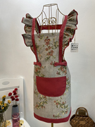 枣红文艺围裙家用打扫卫生女韩版时尚工作厨房花边做饭罩衣