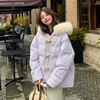紫色牛角扣羽绒棉服女冬季2023韩版宽松大毛领加厚面包服外套