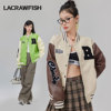 lacrawfish美式街头美拉德刺绣，拼色宽松夹克pu皮，棒球服外套女