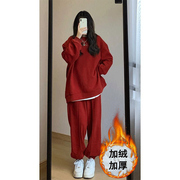 2023年红色运动服套装，女秋冬加绒韩版宽松时尚卫衣休闲两件套