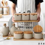 日式创意简约竹盖养身陶调味罐厨房调味调味盒防潮糖盐罐三件套装