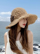 草帽女春夏季沙滩帽子，花朵可折叠晒大檐海边时尚，度假太阳帽遮阳帽
