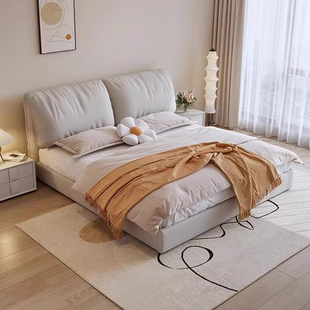 欧式奶油风ins科技布床1.8米现代极，简约软包实木卧室1.5m双人皮床