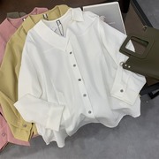 中长款长袖衬衫宽松纯色单排扣简约小众设计上衣女 L#29