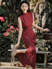 夏季红色条纹无袖修身新中式改良旗袍民国港风怀旧气质优雅长裙