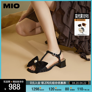 MIO米奥2024年夏季拼色中跟凉鞋珍珠蝴蝶结俏皮通勤时装凉鞋女