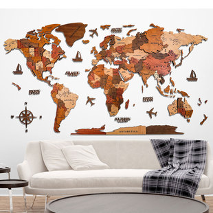 北欧3d立体实木质世界地图墙面装饰创意客厅沙发背景墙贴办公室