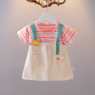 夏季女宝宝洋气背带，裙1-3岁女童条纹，连衣裙韩版2婴儿短袖裙子