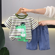 宝宝卡通恐龙条纹短袖套装2024夏季婴儿童装，男童帅气夏装潮