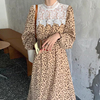 韩国chic秋季法式复古蕾丝拼接镂空设计高腰显瘦长袖碎花连衣裙女